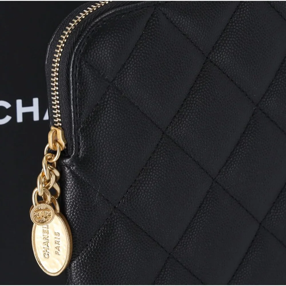 CHANEL Matelasse Clutch Bag Quilted Zip Pouch Black Caviar Leather Full Set - Picture 2 of 9